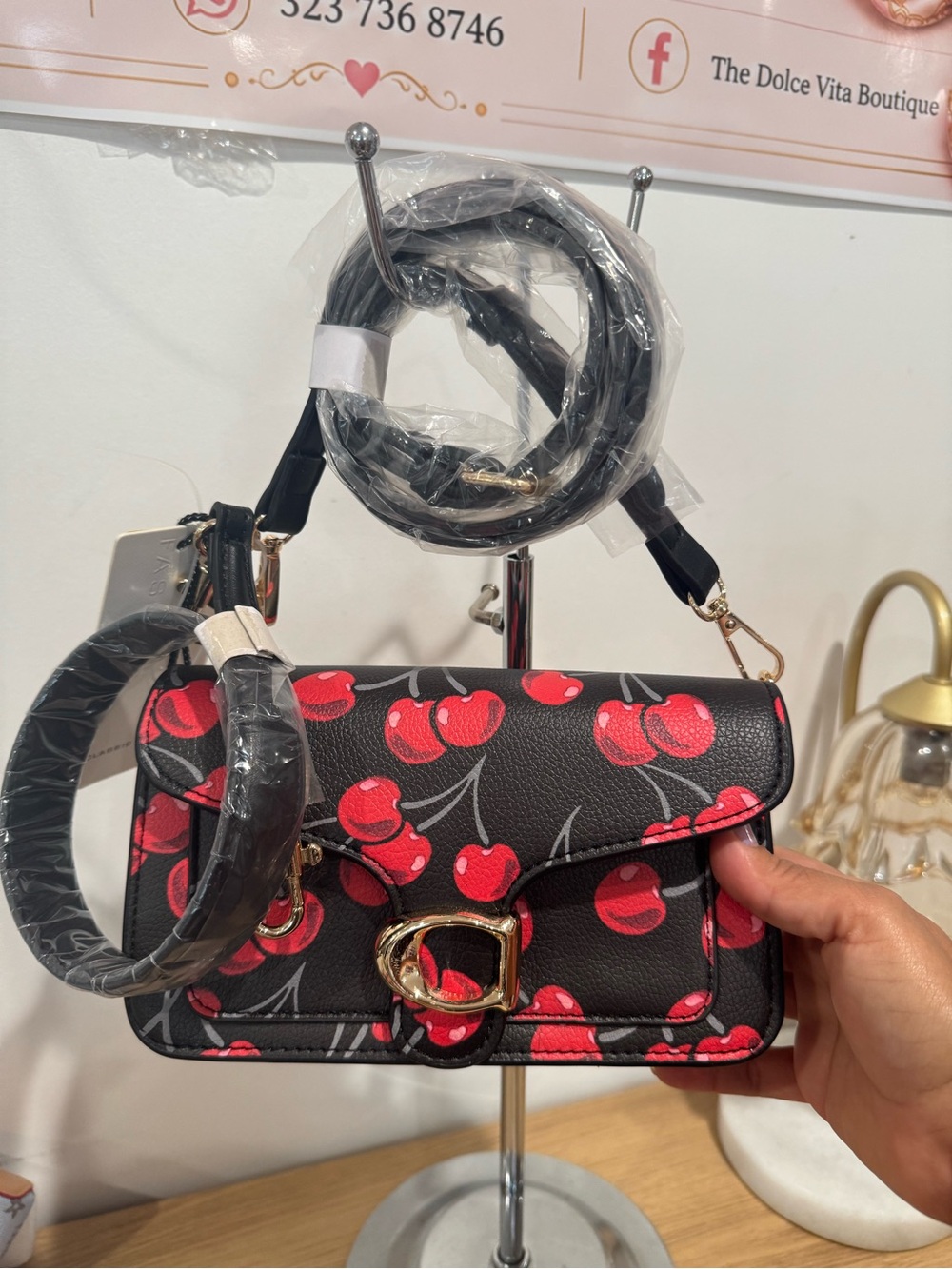 Cherry Print Crossbody Bag - Black & Red